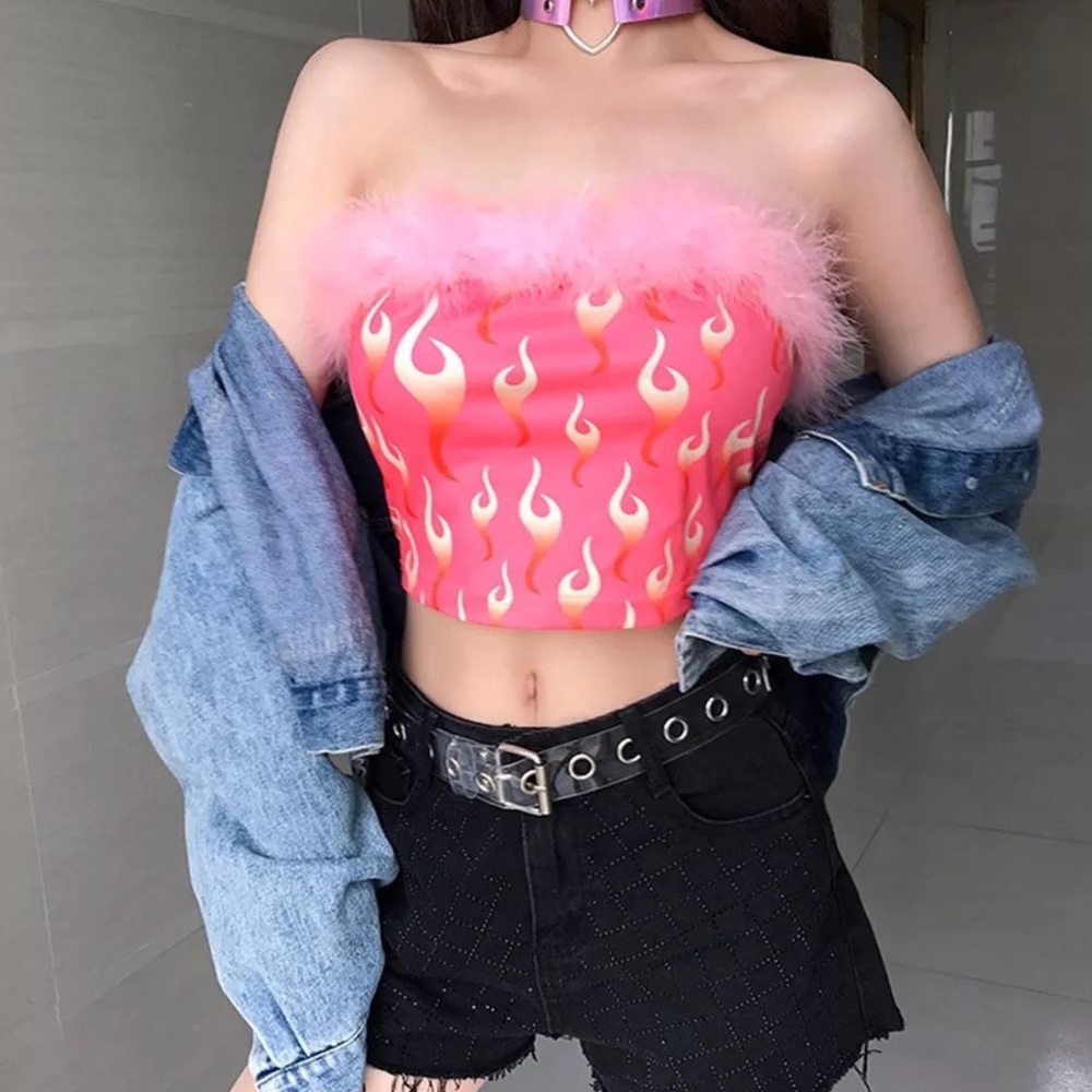 🔥 pink fur flame tube crop top 🔥